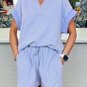 Sky Blue Stripe Dolman Sleeve Polo Shirt And Drawstring Shorts Set