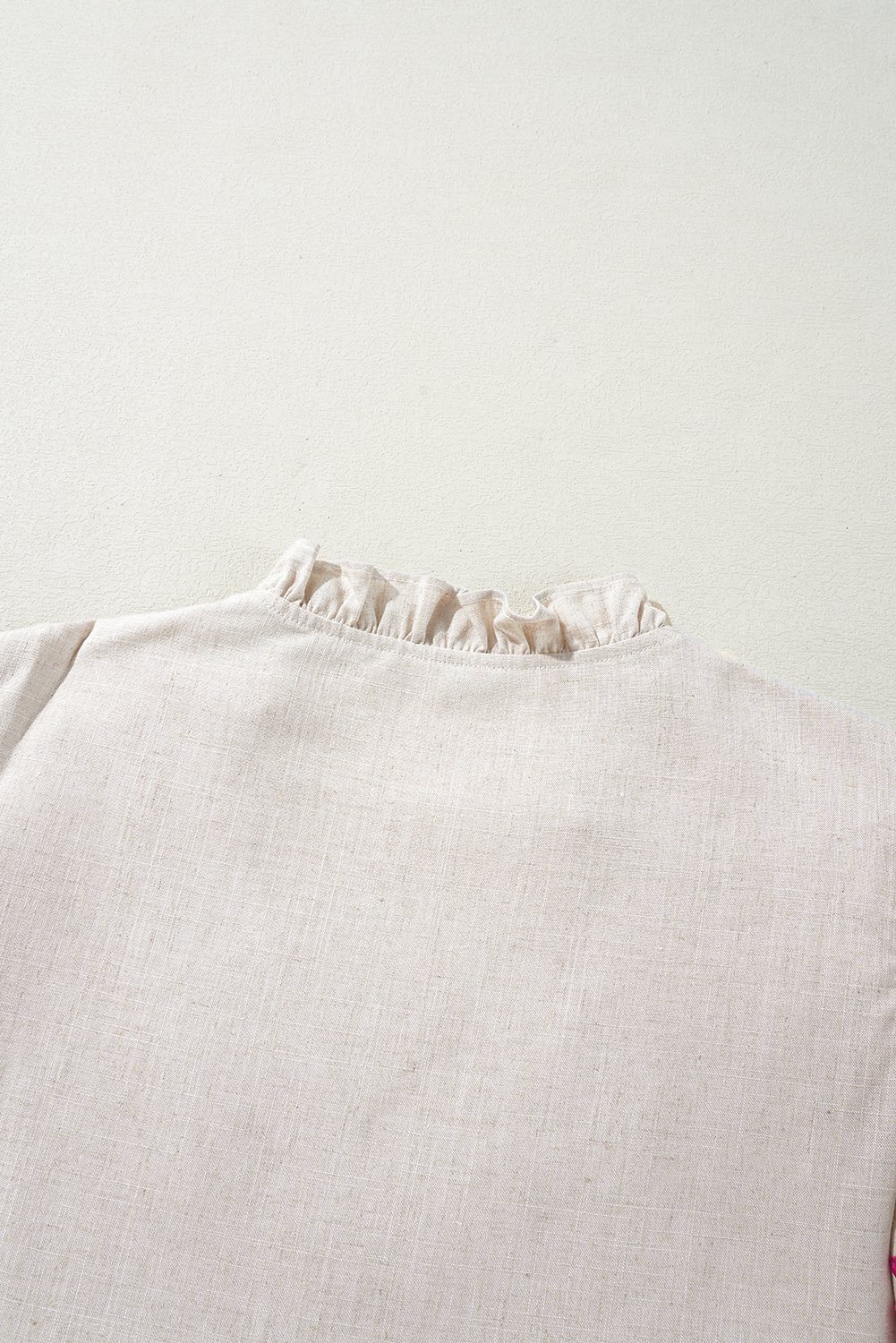 Beige Floral Embroidered Short Sleeve Notched V Neck Blouse