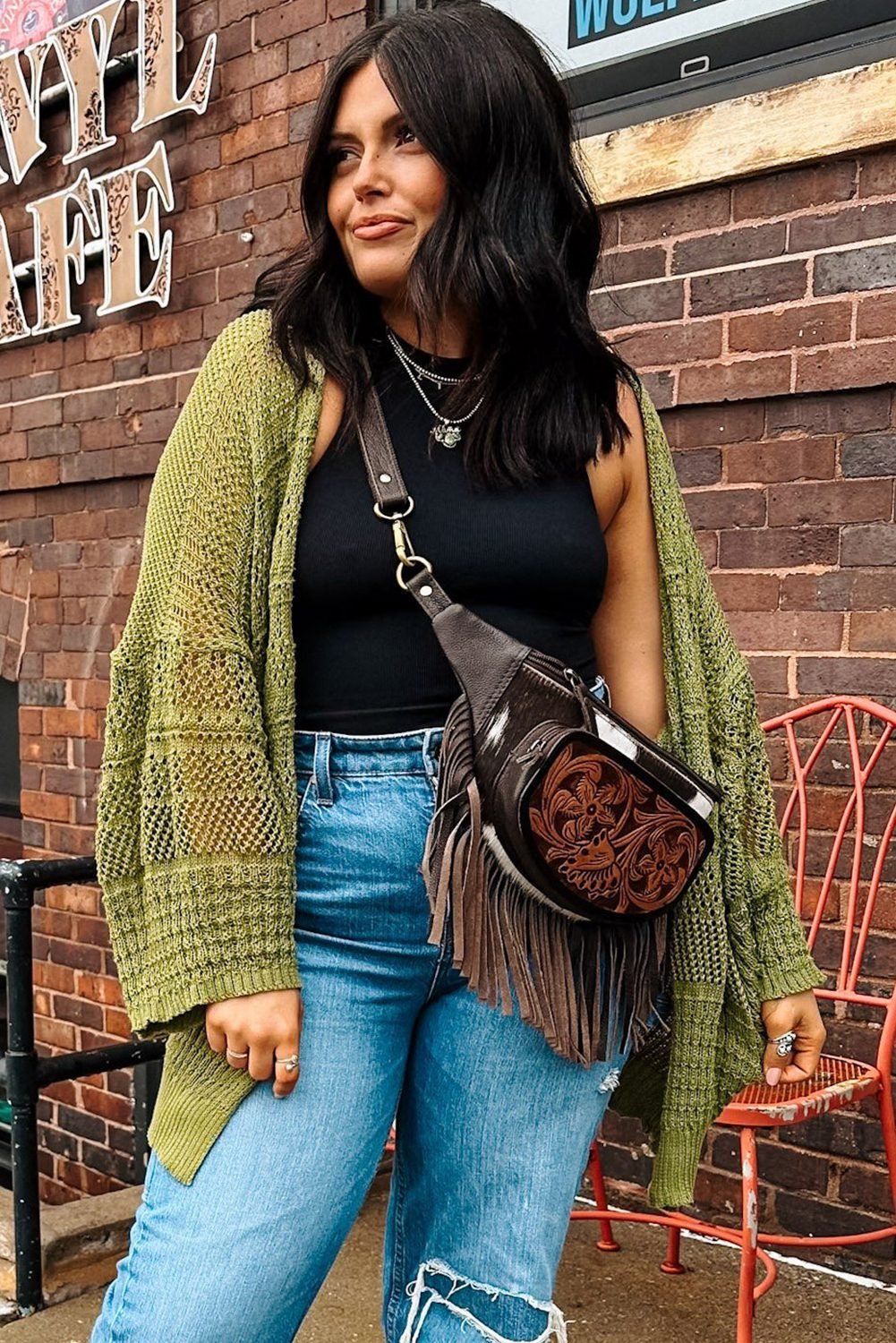 Spinach Green Oversize Crochet Knit Open Cardigan