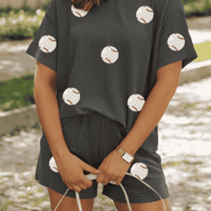 Carbon Grey Baseball Patched Twisted Rib T Shirt And Shorts Set