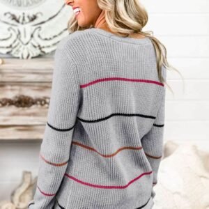 Gray Ribbed Knit Striped Sweater