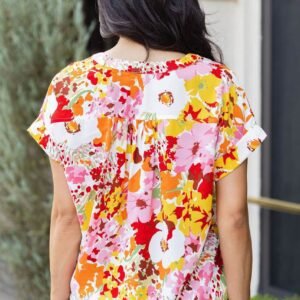 White Boho Floral Print V Neck Short Sleeves Top