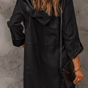 Black Drawstring Turndown Collar Hooded Outerwear