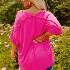 Bright Pink Seamed Back High Low Hem V Neck Cuffed Sleeve Plus Size Tee