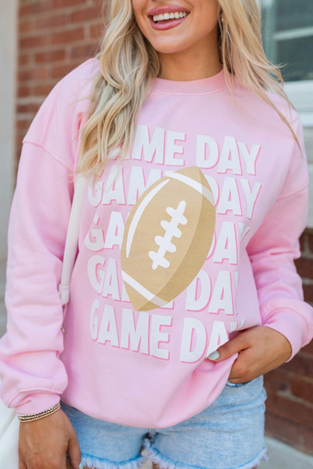 Pink Game Day Football Rugby Print Casual Sweatshirt