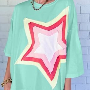 Moonlight Jade Colorblock Star Patched Half Sleeve Oversized Tee