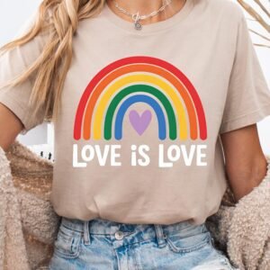 Khaki Love Is Love Rainbow Heart Printed Cotton Blend T Shirt