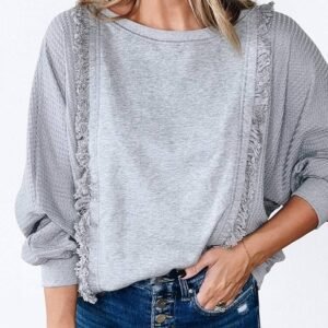 Light Grey Waffle Patchwork Long Sleeve Raw Hem Pullover Top