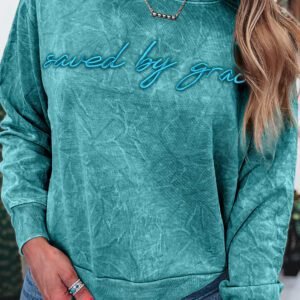 Sea Green Saved By Grace Letter Embroidery Mineral Wash Loose Sweatshirt