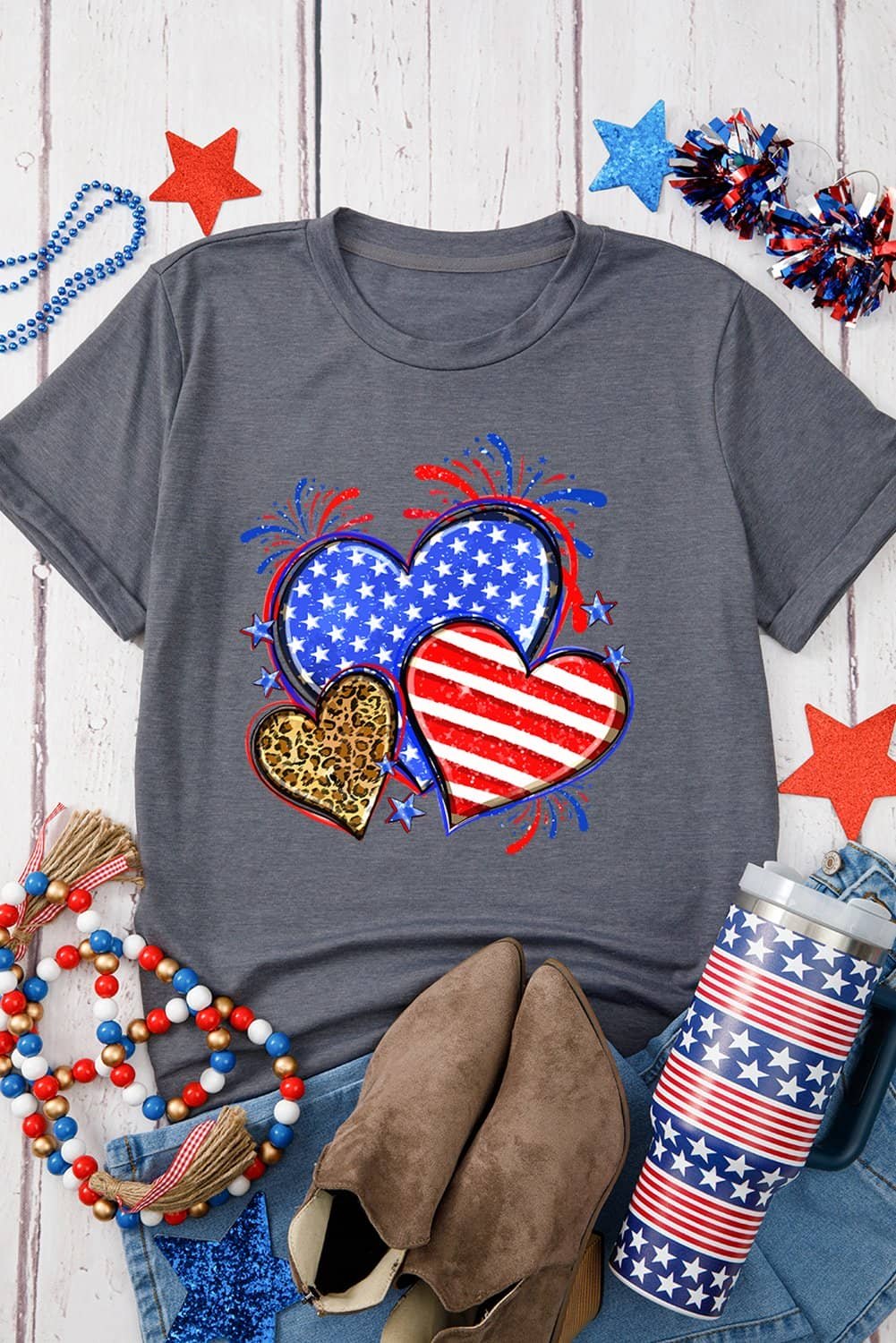 Gray American Heart July 4Th Celebration Graphic T Shirt