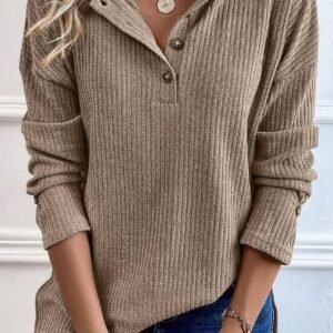 Pale Khaki Rib Textured Henley Knit Top