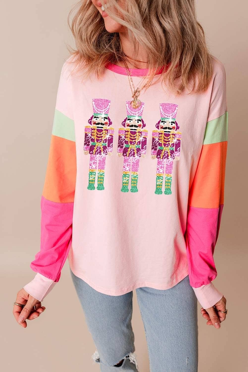 Pink Christmas Sequin Nutcracker Graphic Colorblock Long Sleeve Top