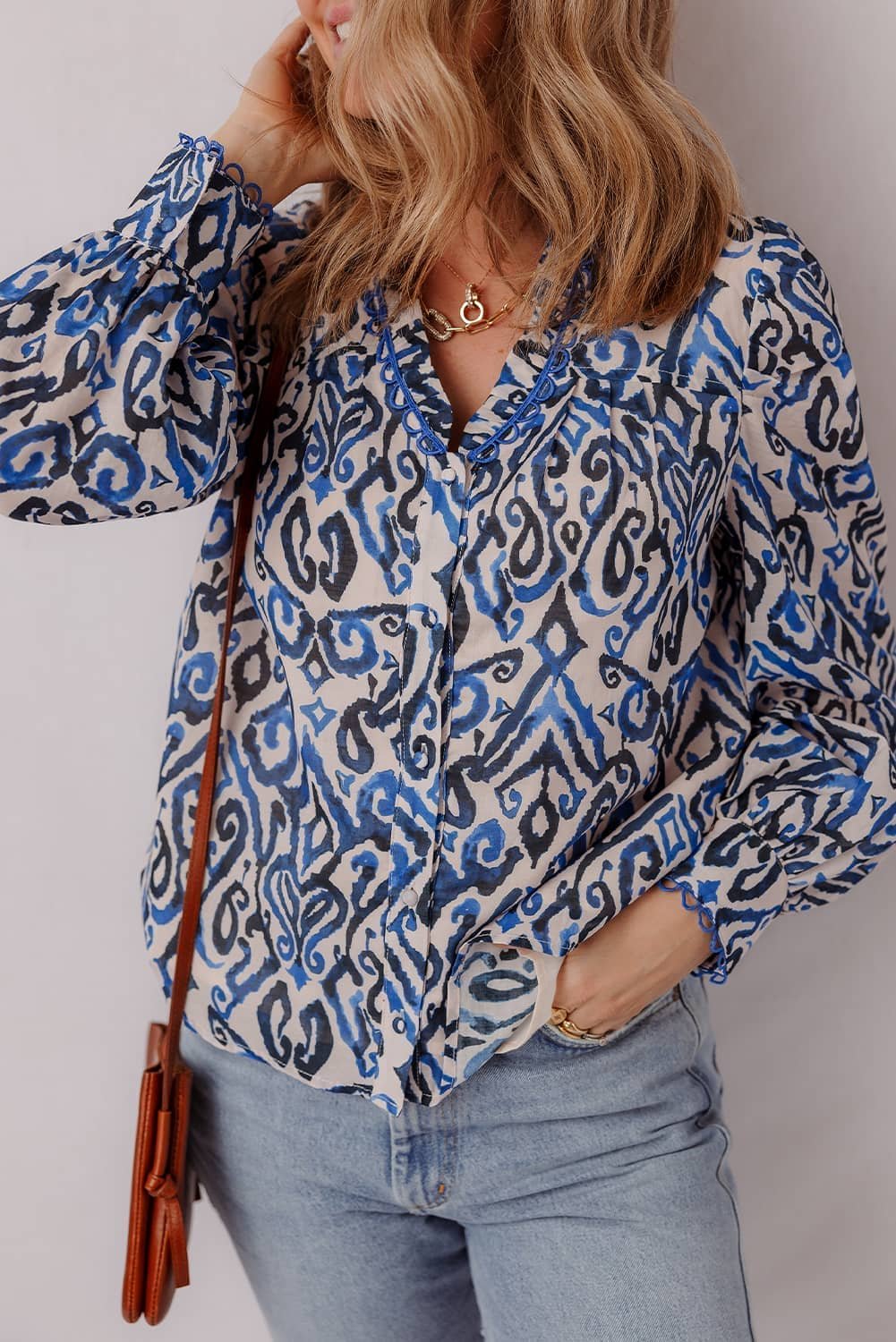 Blue Bohemian Print Embroidered V Neckline Detail Long Sleeve Shirt