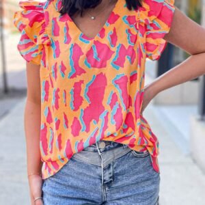 Orange Abstract Print V Neck Ruffled Sleeve Blouse
