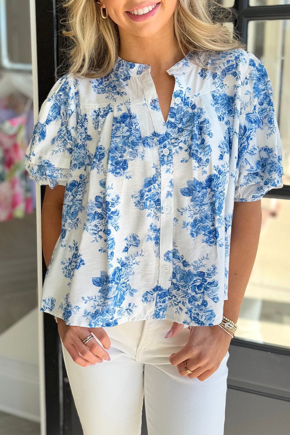 Sky Blue Floral Tiered Puff Short Sleeve Pleated Bust Buttoned Casual Shirt