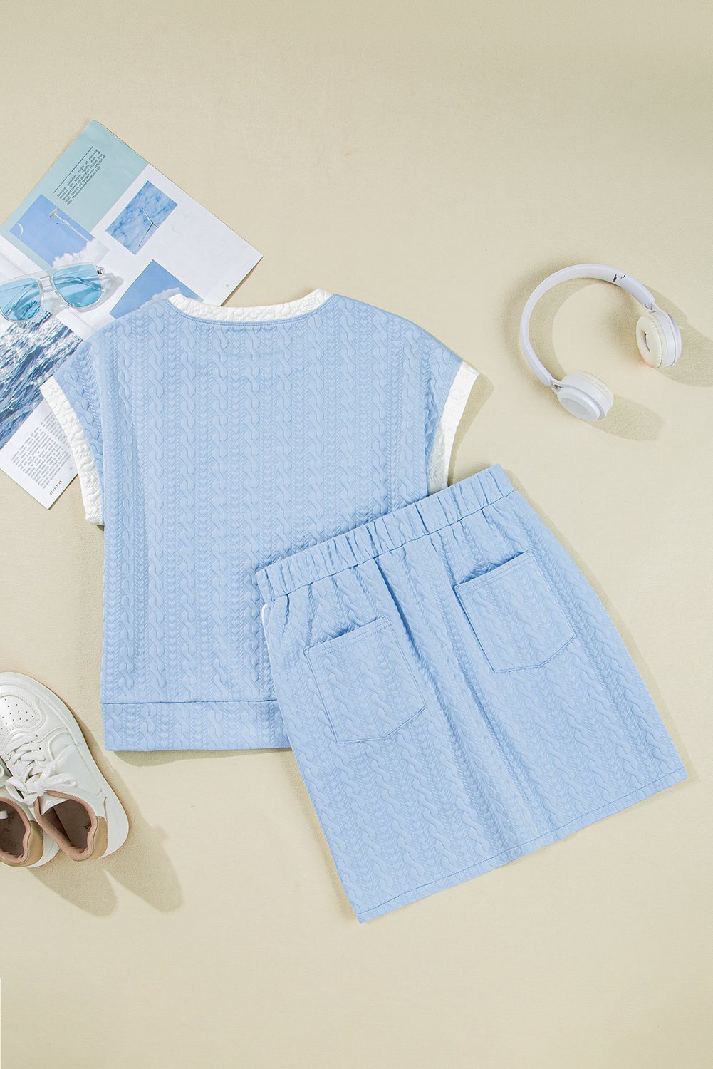 Beau Blue Contrast Trim Textured Crewneck Tee And Pocketed Skirt Set