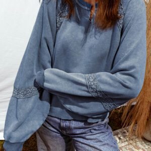 Sail Blue Lace Patchwork Detail Notched Neck Mineral Wash Baggy Sweatshirt