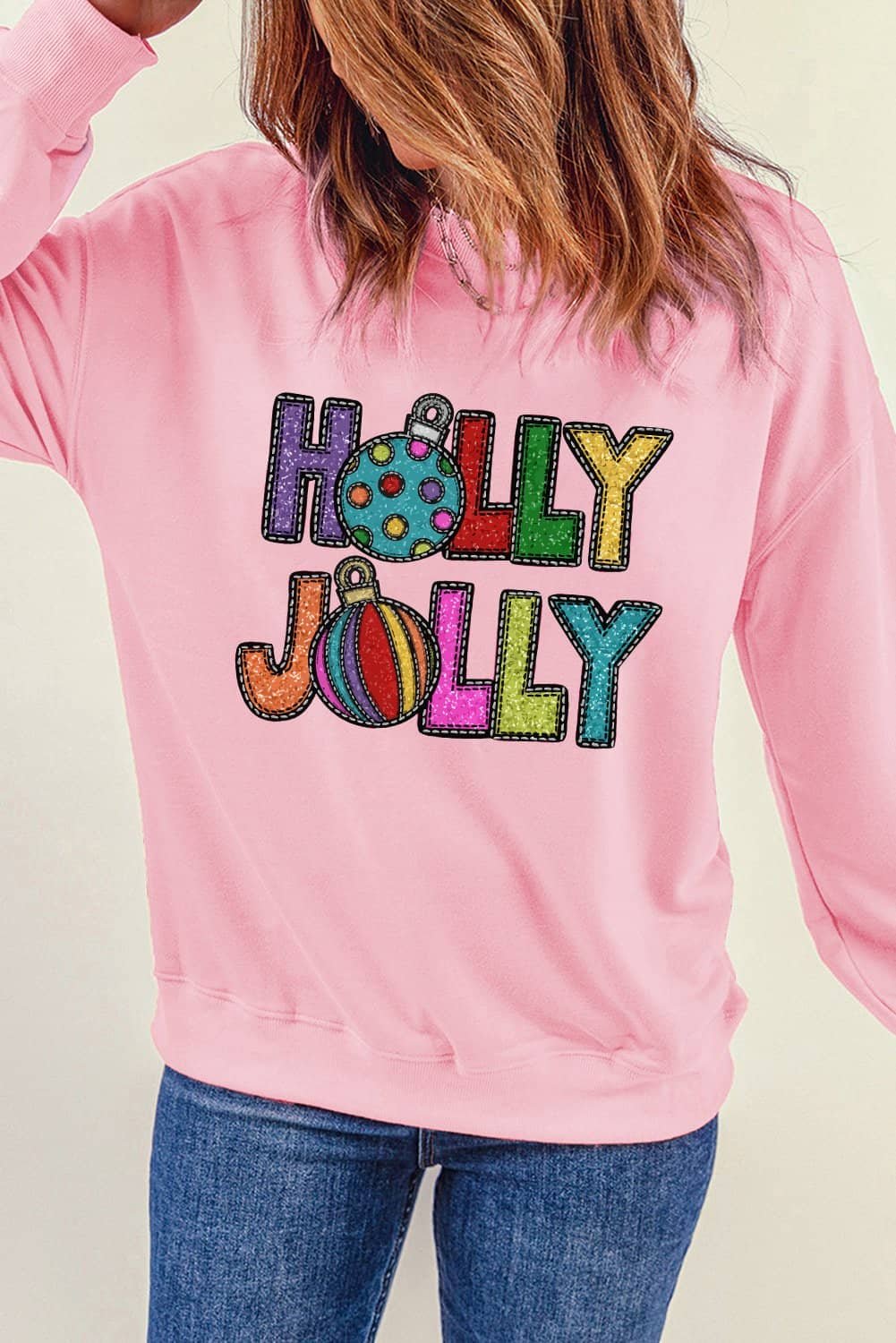Pink Holly Jolly Christmas Festive Letter Graphic Sweatshirt
