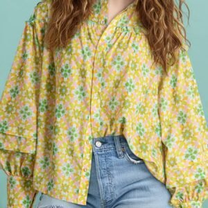 Green Boho Floral Print Frilly Detail Puff Sleeve Shirt