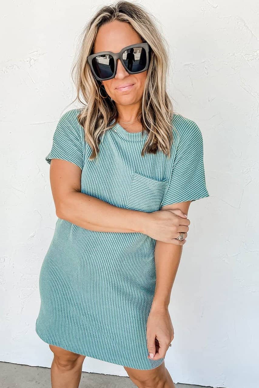 Blue Striped Ribbed Knit T-Shirt Shift Dress
