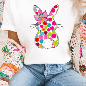 White Polka Dot Bow Rabbit Graphic Crewneck Easter Fashion Tee