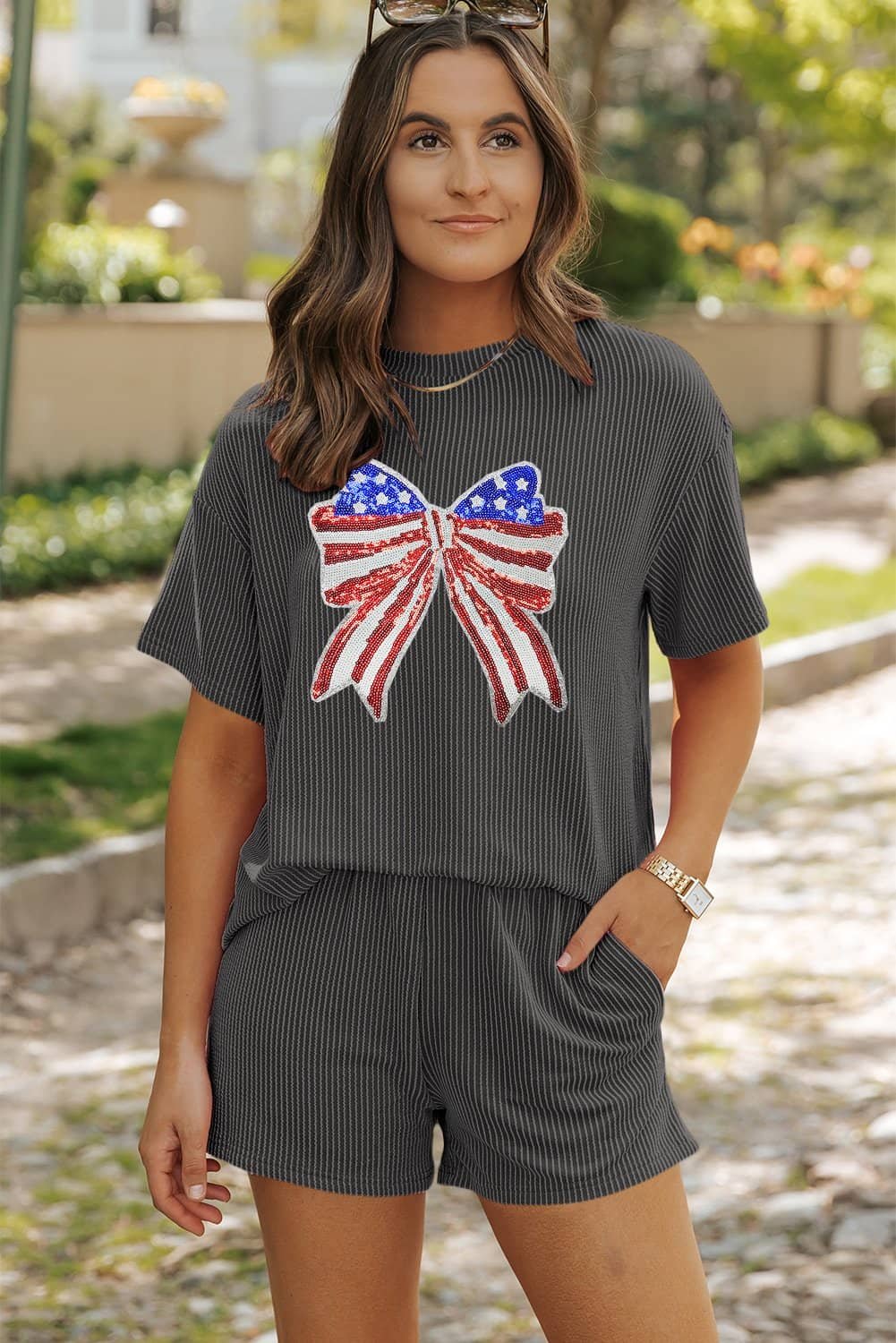 Carbon Grey Independence Day Sequin Bow Graphic Twist Rib Textured Short Set