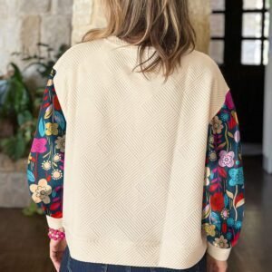 White Floral Patchwork Sleeve Textured Plus Size Pullover Top