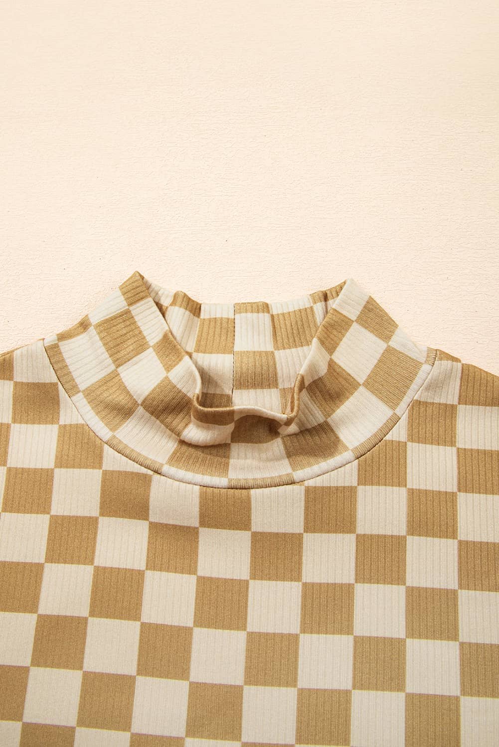 Khaki Check Pattern Turtleneck Ribbed Slim Long Sleeve Tee