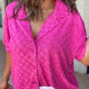 Bright Pink Lapel Neck Checkered Textured Short Sleeve Shirt