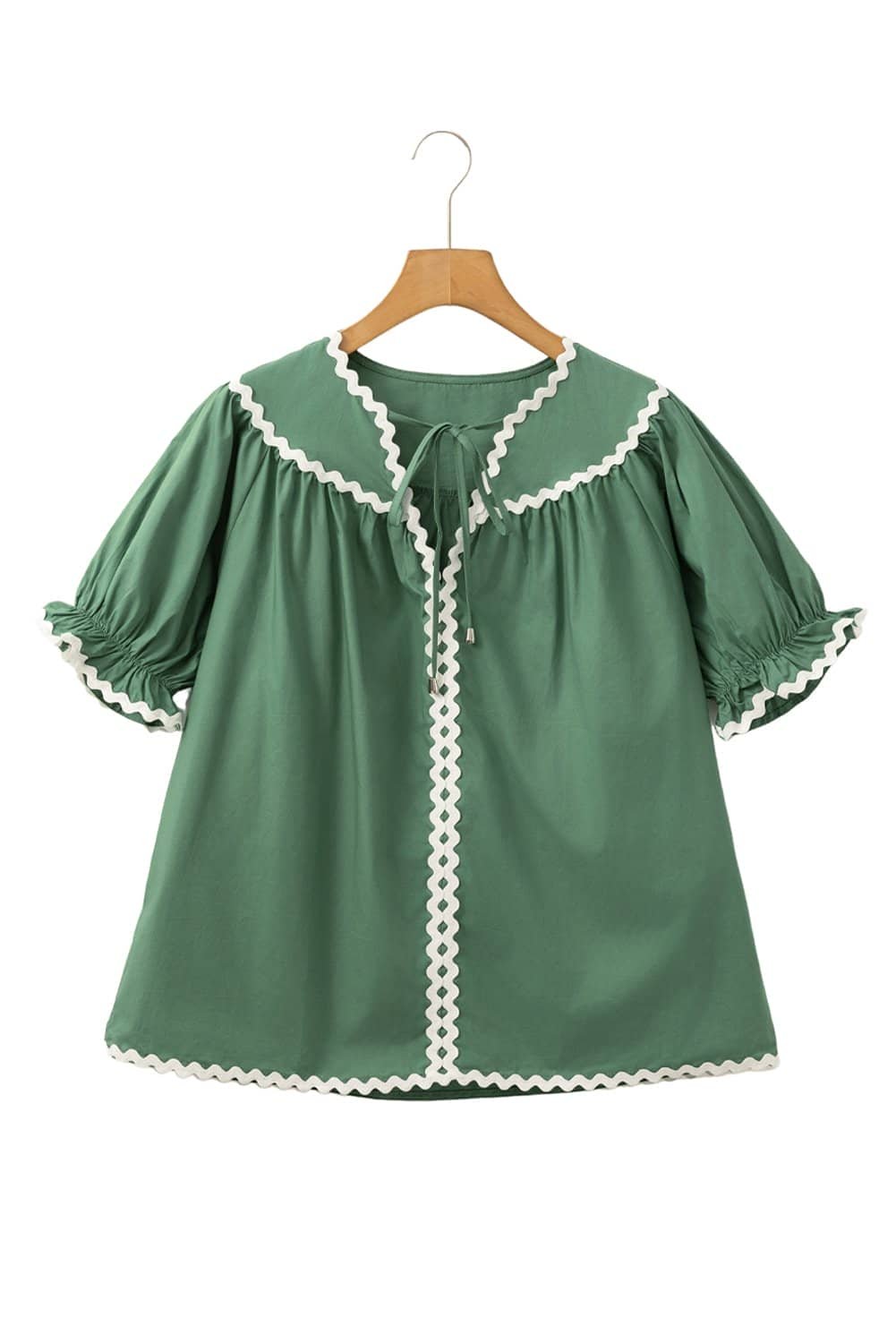 Mist Green Ric Rac Trim Tie Split Neck Short Sleeve Blouse