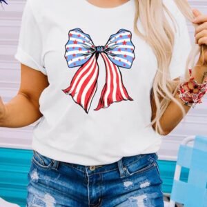 White Stripes And Stars Bowknot Print T Shirt