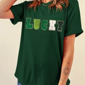 Green Lucky Glitter Chenille Patched Crew Neck T Shirt