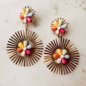 Red Colorful Flower Gold-Pleated Dangle Earrings