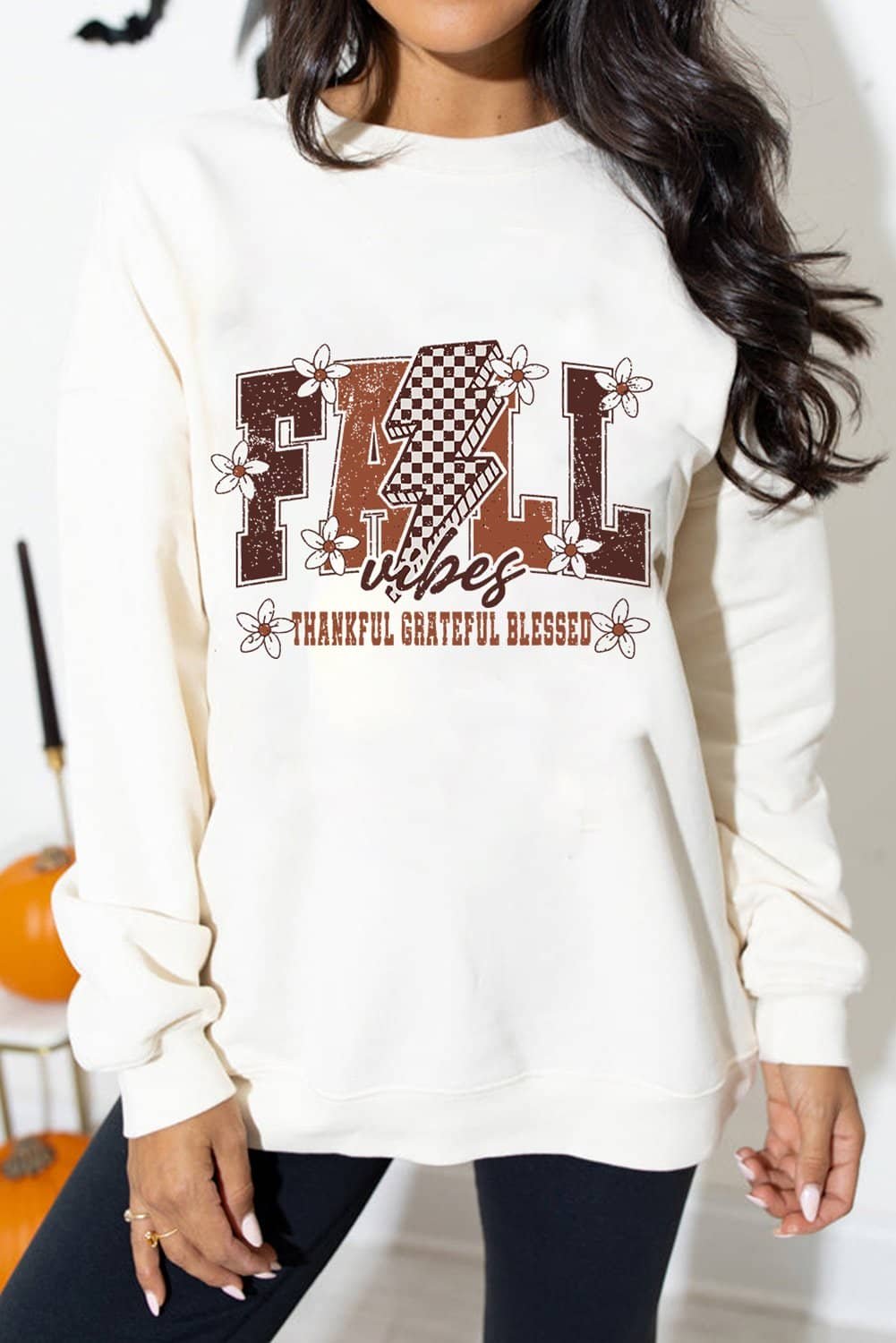 White Fall Thankful Graphic Drop Shoulder Sweatshirt