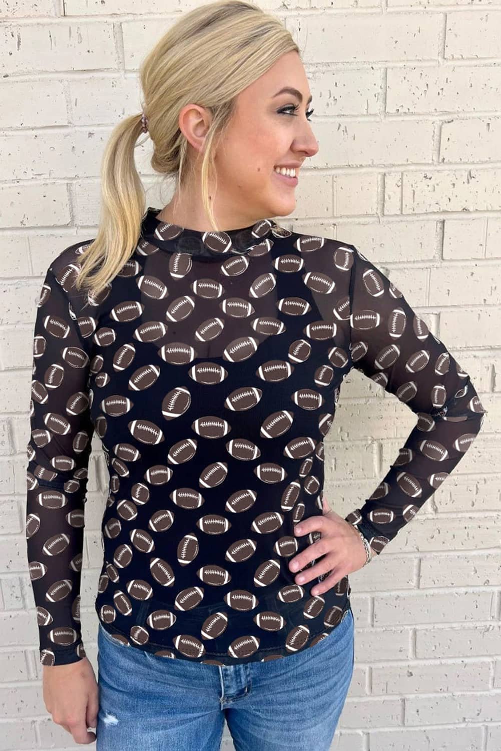 Black Game Day Rugby Mesh Sheer Long Sleeve Top