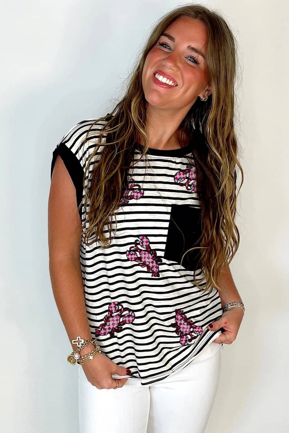 Black Stripe Sequined Lobster Patched Pocket Casual Tank Top