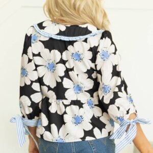 Black Floral Print Striped Tie Sleeve Collared V Neck Blouse