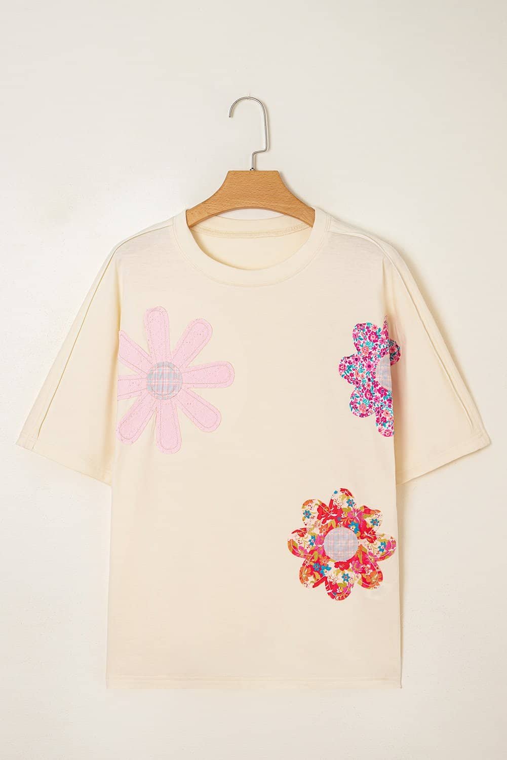 Apricot Flower Patched Exposed Stitching Trim Crew Neck Loose Tee