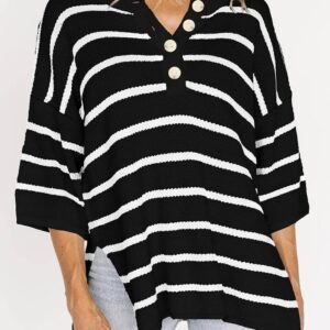 Black Stripe Henley Buttoned Placket Drop Shoulder Bracelet Sleeve Knit Sweater Tee