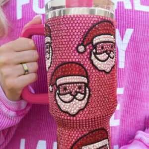 Rose Red Christmas Santa Claus Diamond Thermos Cup With Straw