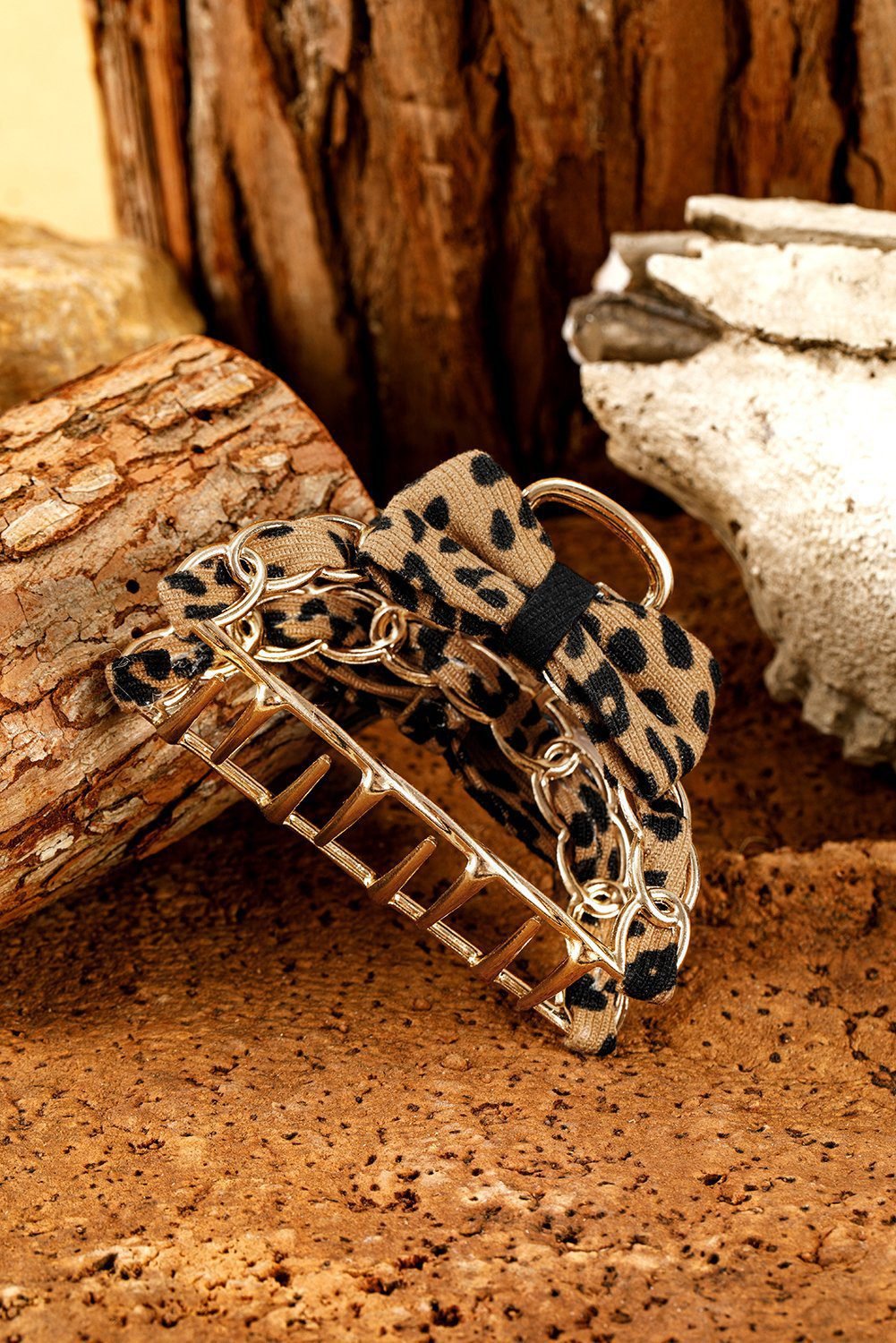 Camel Leopard Print Bow Decor Alloy Hair Claw Clip