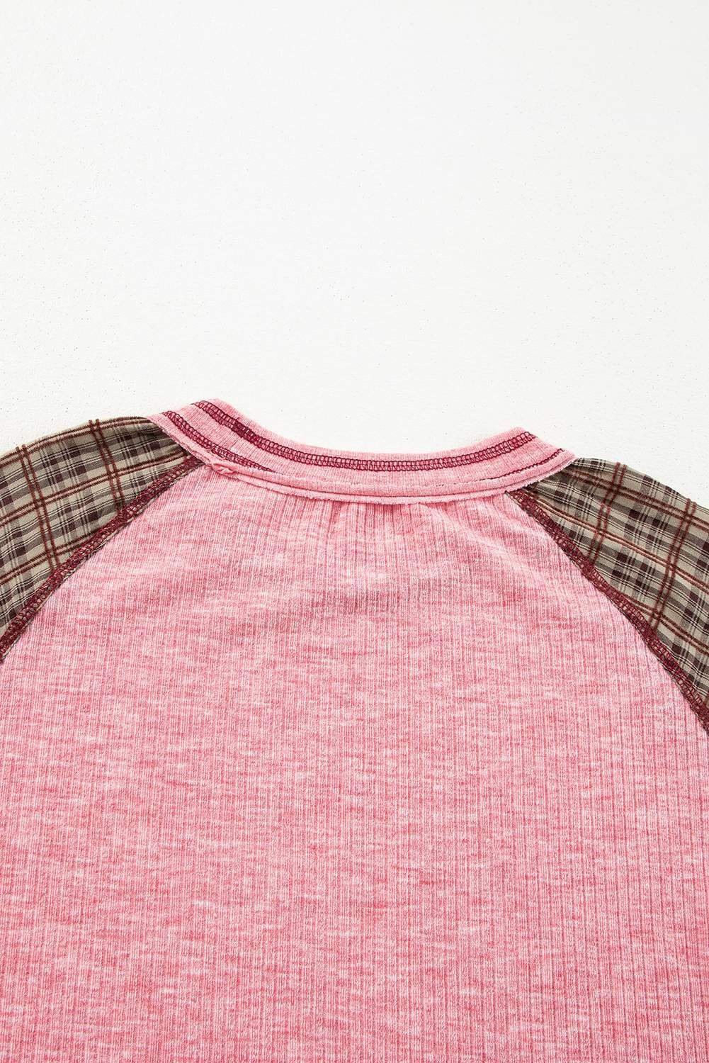 Fushia Mixed Print Patchwork Raglan Ribbed Knit Top