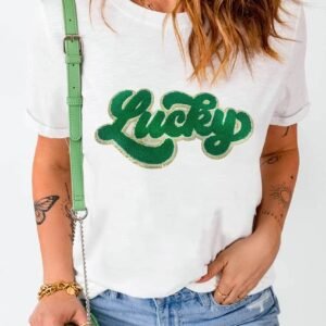 White St. Patrick Lucky Chenille Glitter Patched Graphic T Shirt