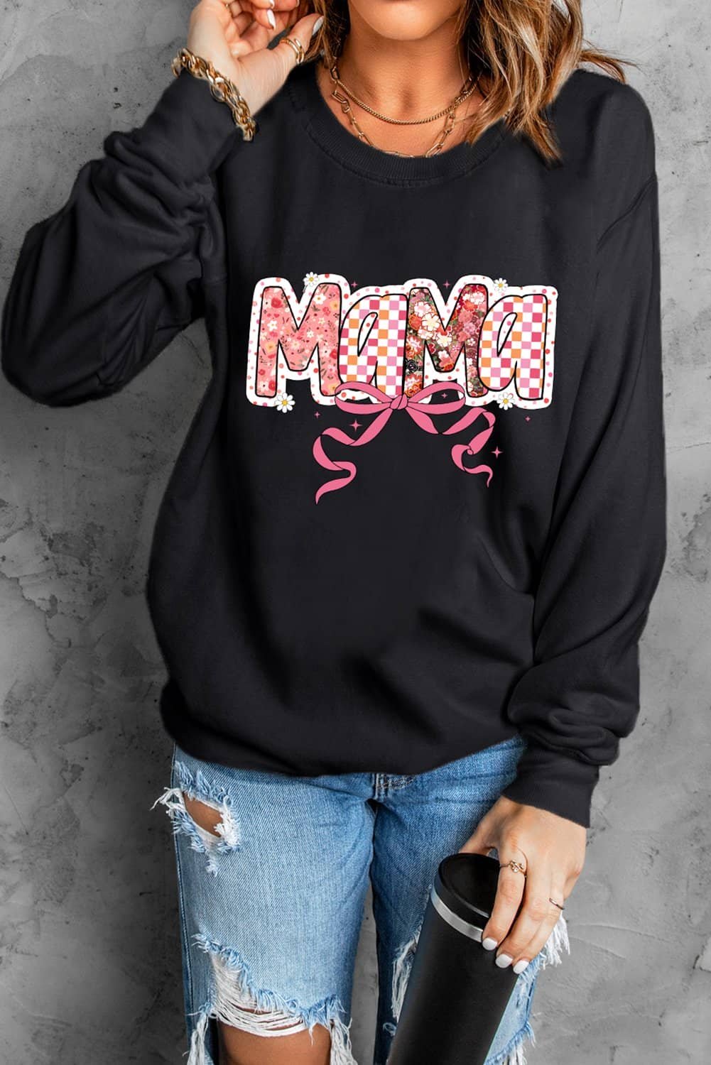 Black Floral Checkered Bow Printed Pullover Sweatshirt