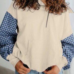 Parchment Checkered Patchwork Kangaroo Pocket Half Zipper Hoodie