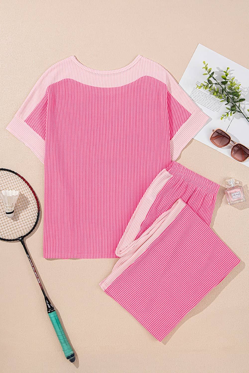 Sachet Pink 2-Tone Colorblock Patchwork Corded 2Pcs Outfit