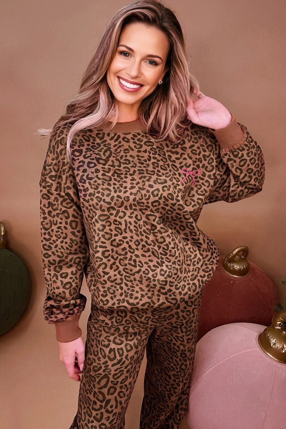 Coffee Leopard Print Contrast Trim Long Sleeve Top And Pants Set