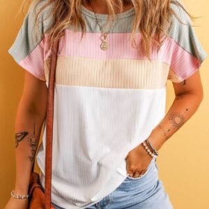 White Ribbed Color Block Patchwork T-Shirt