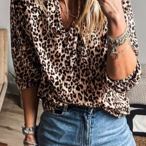 Apricot Leopard V Neck Half Sleeve Blouse