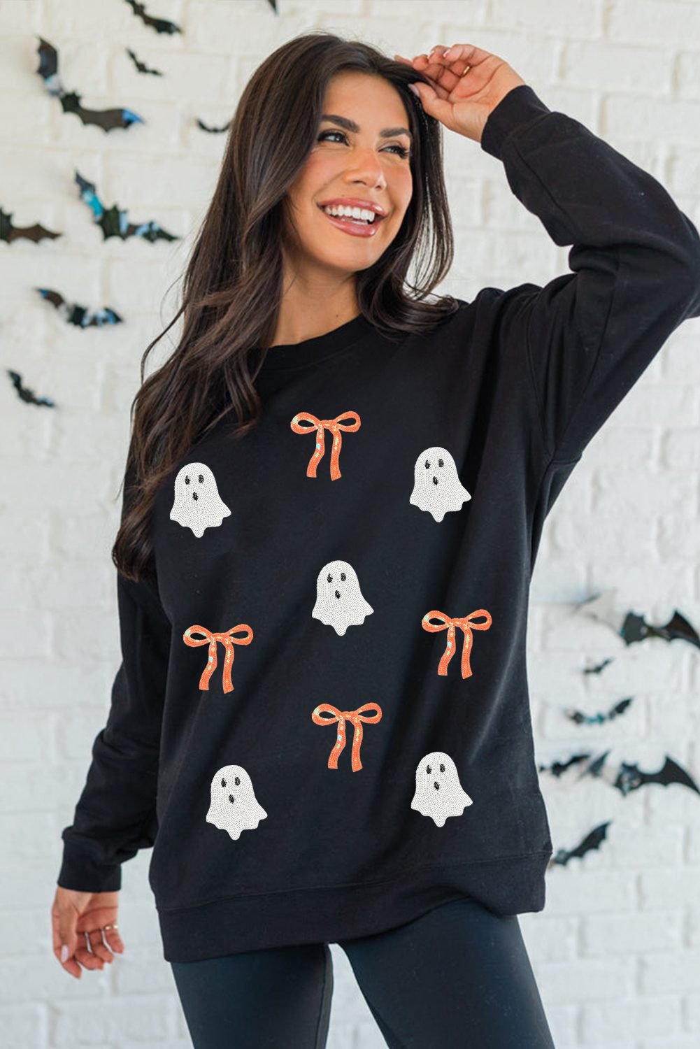 Black Halloween Ghost Bow Sequin Patched Drop Shoulder Sweatshirt